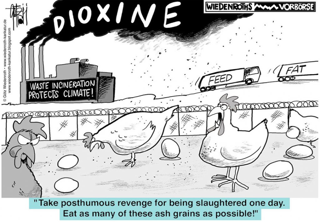 Cartoon sobre as incineradoras que retrata a revolta das galinhas contra a contaminação das dioxinas